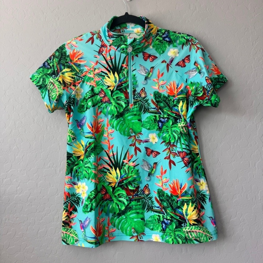 Tzu Tzu Large Quarter Zip Polo Shirt Teal Short Sleeve Tropical Bird Butterfly